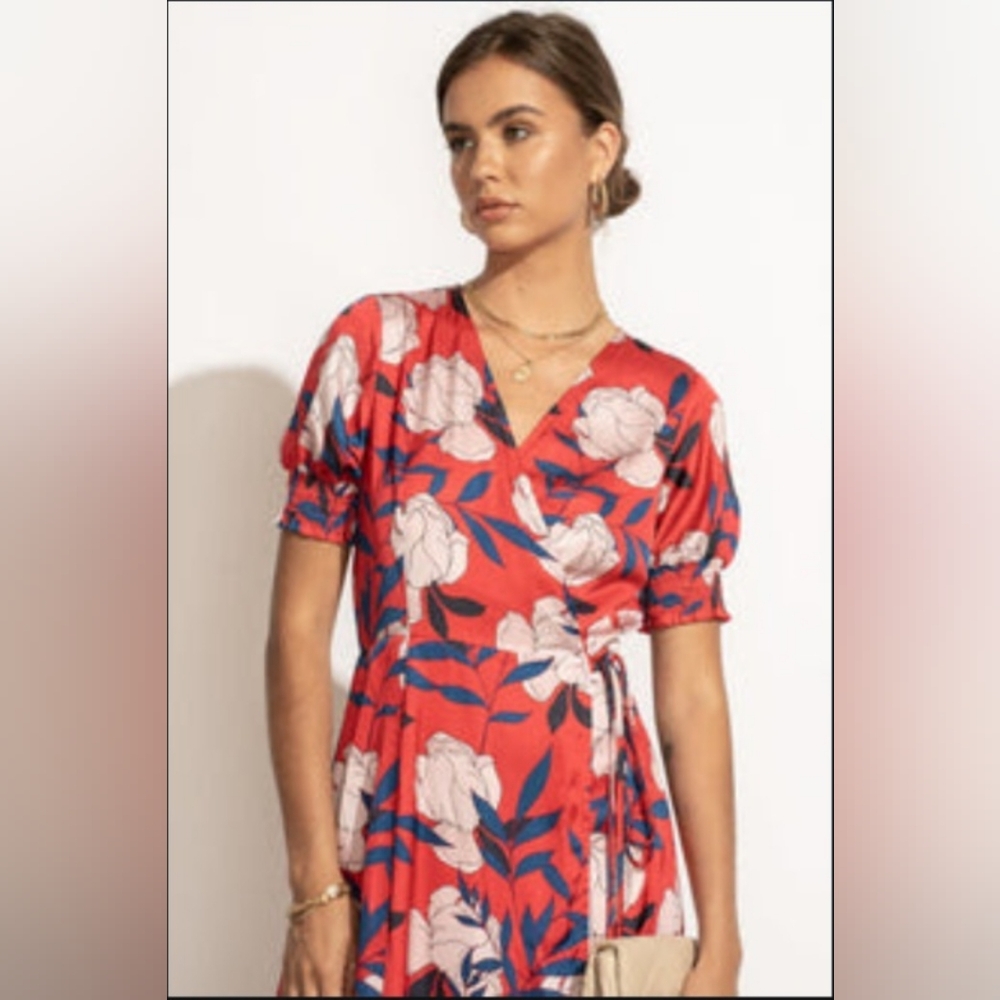 NwT Bohme satin red floral wrap maxi dress in small